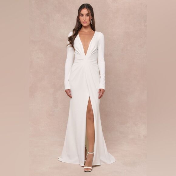 Lulus Stunning Romance White Long Sleeve Mermaid Maxi Dress - Picture 1 of 6